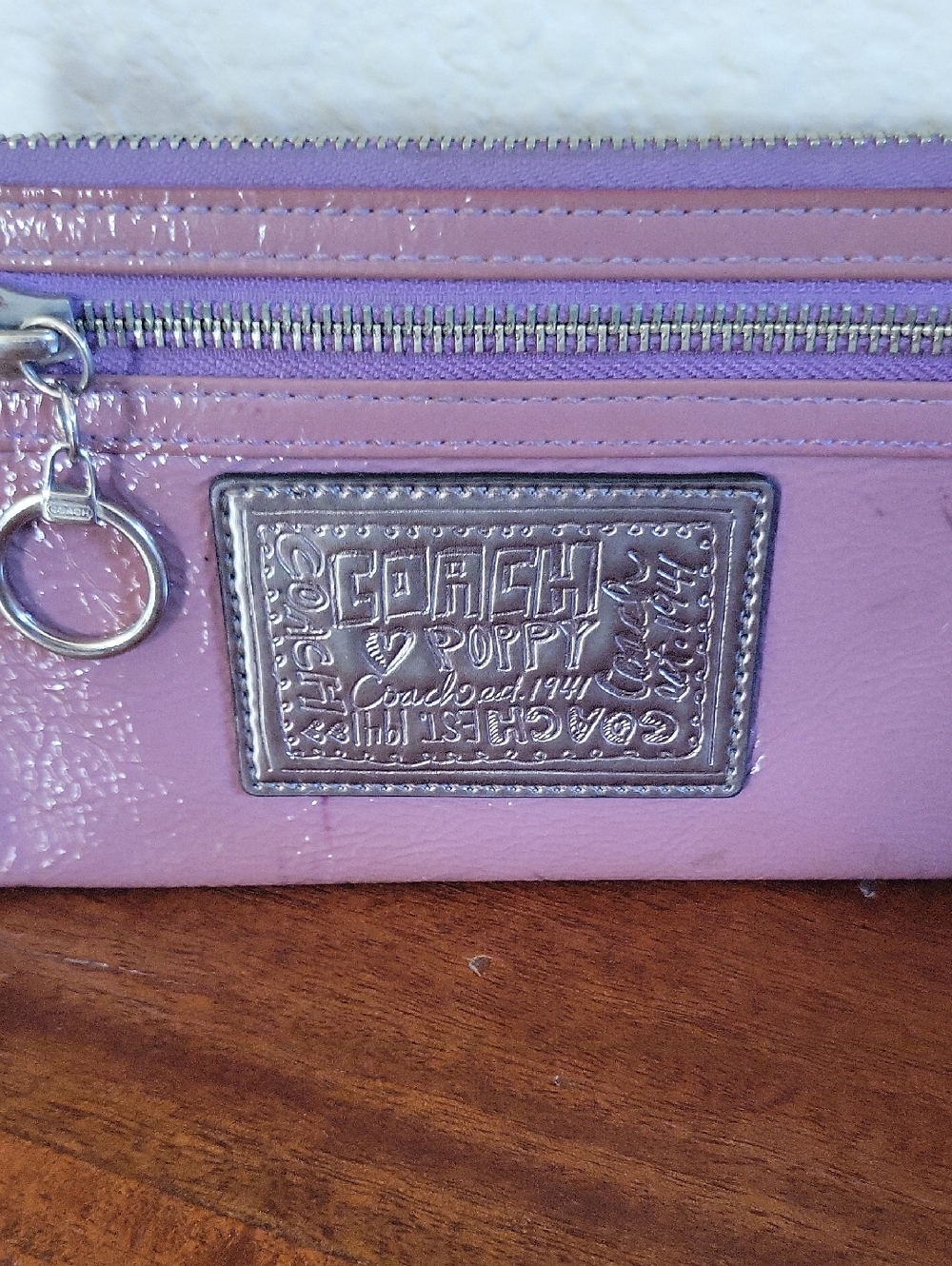 Coach Poppy Lavender Patent Zip Wallet with Silver Logo - Picture 1 of 16